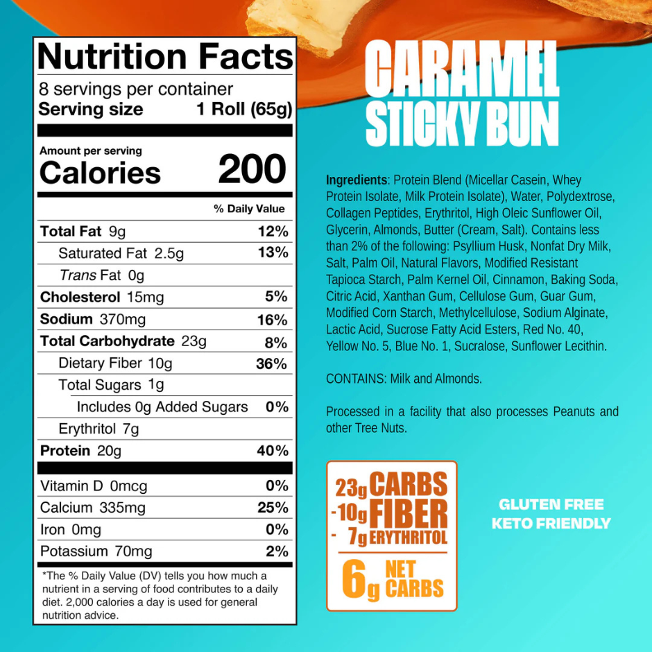 Legendary High Protein Sweet Roll, Gluten-Free and Keto-Friendly - Caramel Stick Bun (Box of 8 x 65g)