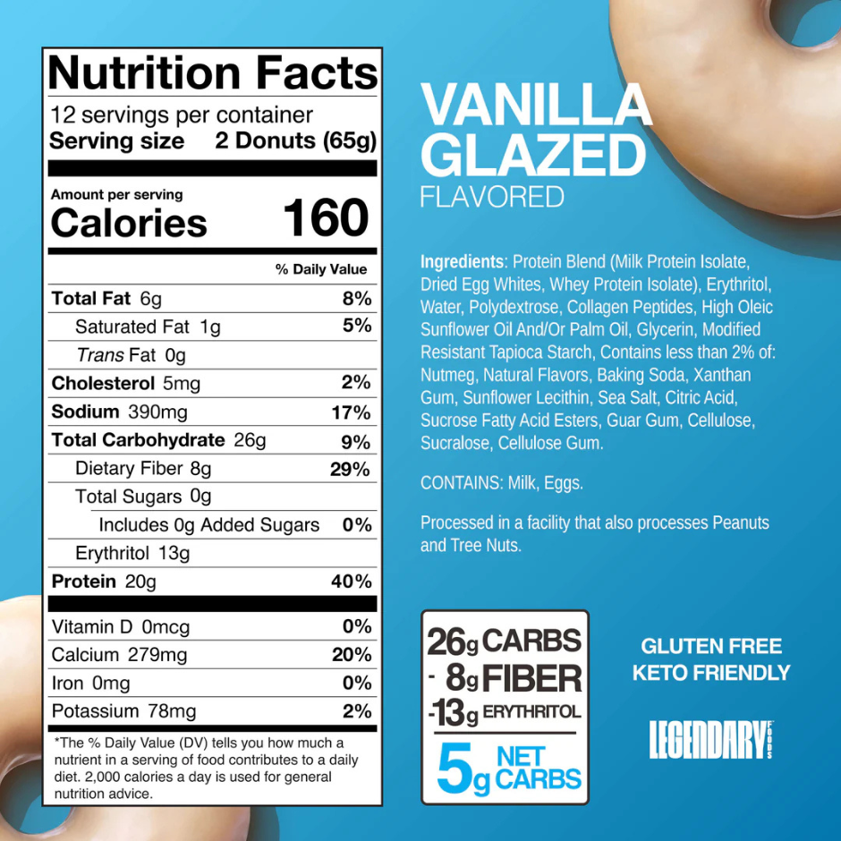 Legendary High Protein Donuts, Gluten-Free and Keto-Friendly - Vanilla Glaze (Box of 12 x 65g)
