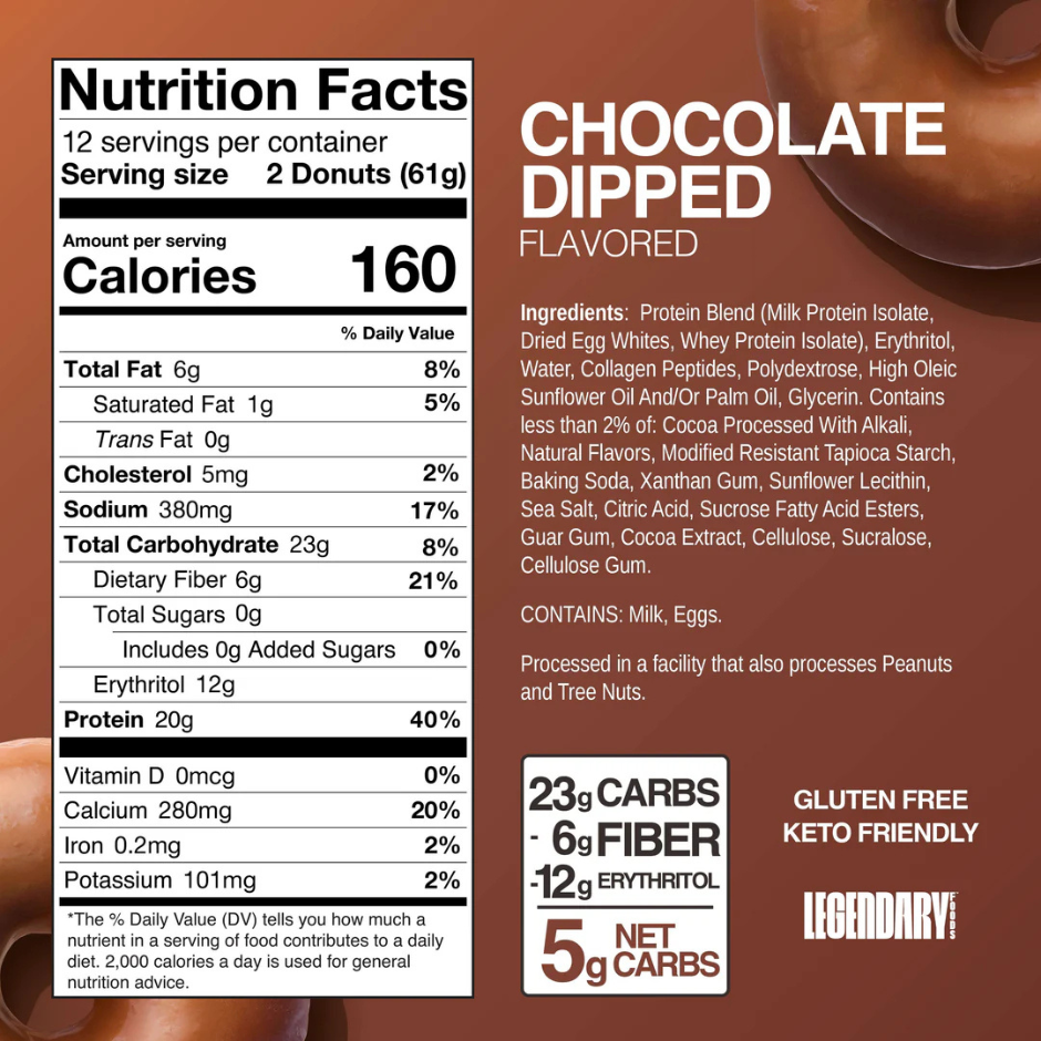 Legendary High Protein Donuts, Gluten-Free and Keto-Friendly - Chocolate Dipped (Box of 12 x 61g)