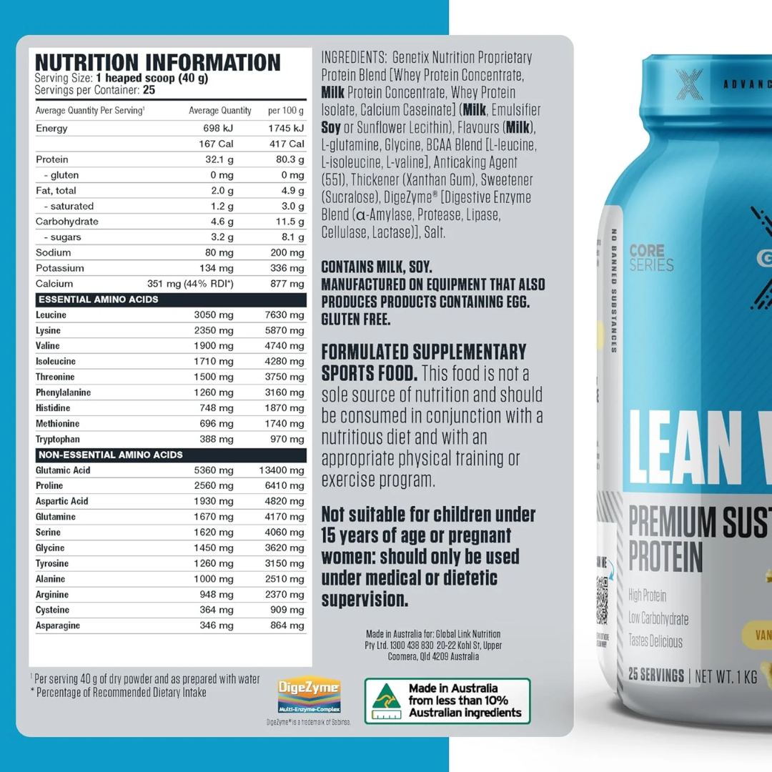Genetix Premium Sustained Lean Whey Protein 400g Vanilla