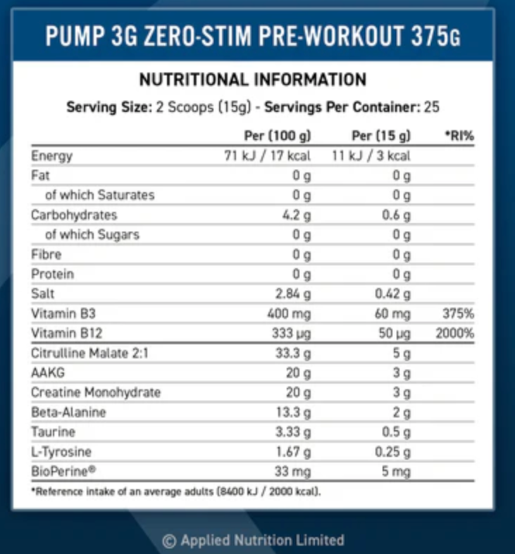 Applied Nutrition Pump ZERO Pre-Workout Fruit Burst 375g