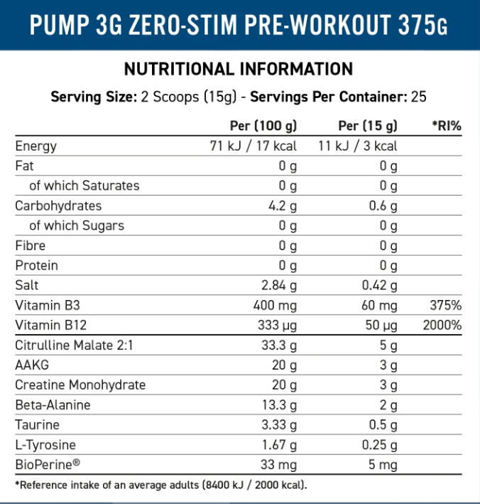 Applied Nutrition Pump ZERO Pre-Workout Icy Blue Raz 375g