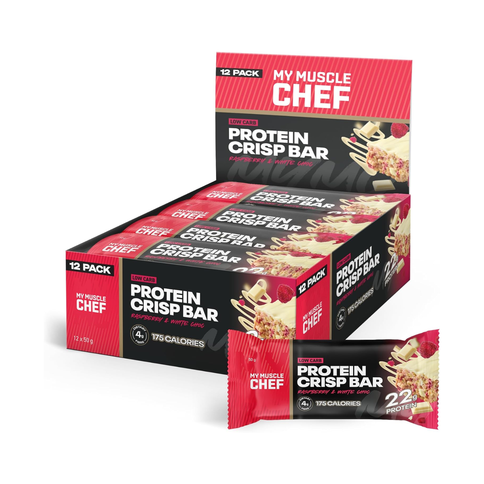 Muscle Chef Protein Crisp Bar Raspberry & White Choc (12 x 50g)