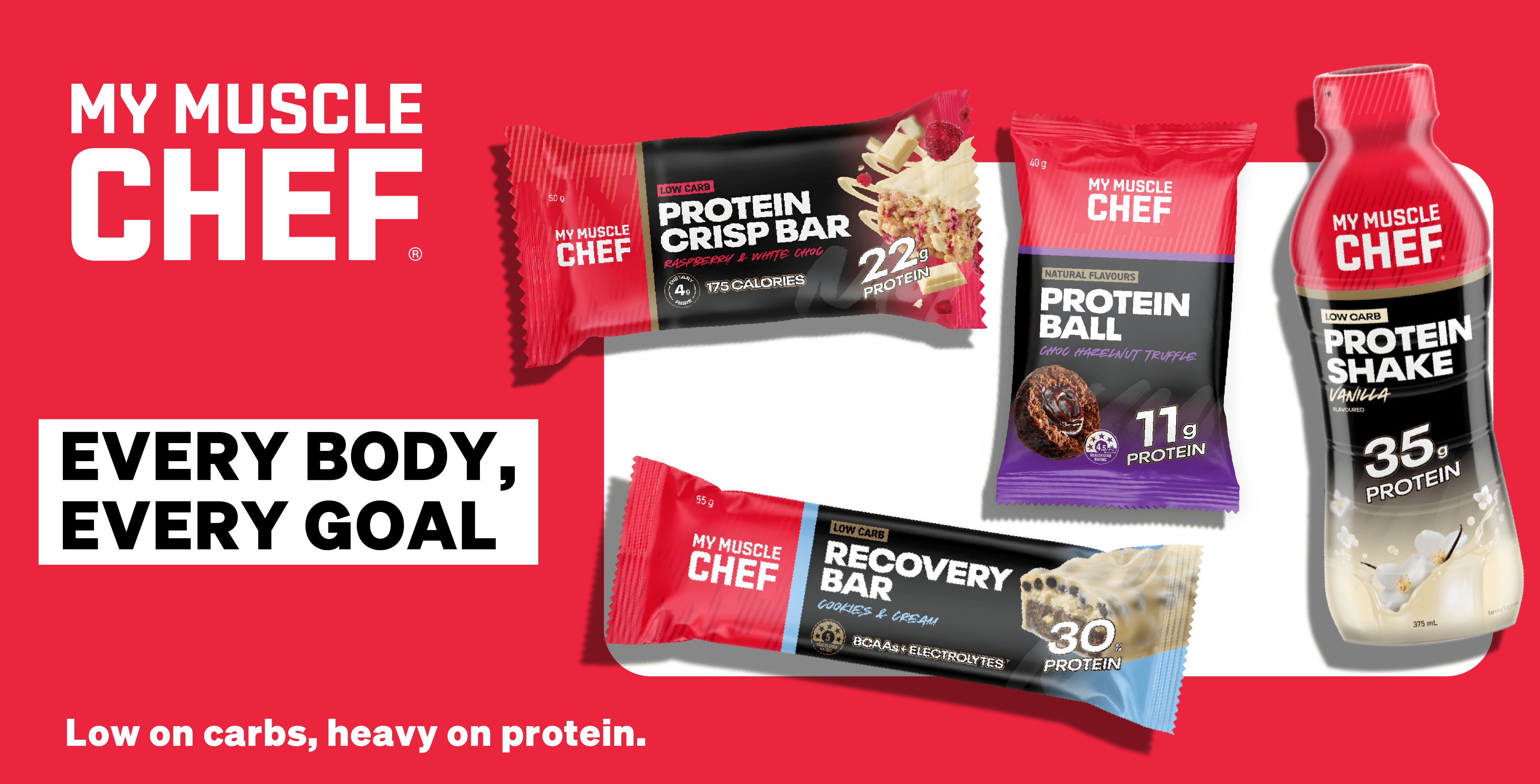 My Muscle Chef protein products including bars and shake on a red background with brand name and tagline.