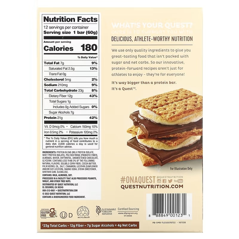 thumbnail image 2 of Quest Nutrition S’mores Protein Bars – 20g Protein, 14g Fiber, 4g Net Carbs – 12 Count 2 of 5